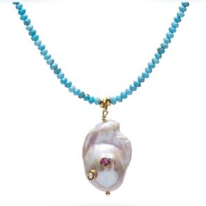 Mayamar designer beachwear Turquoise and Gold baroque Pearl Pendant Necklace